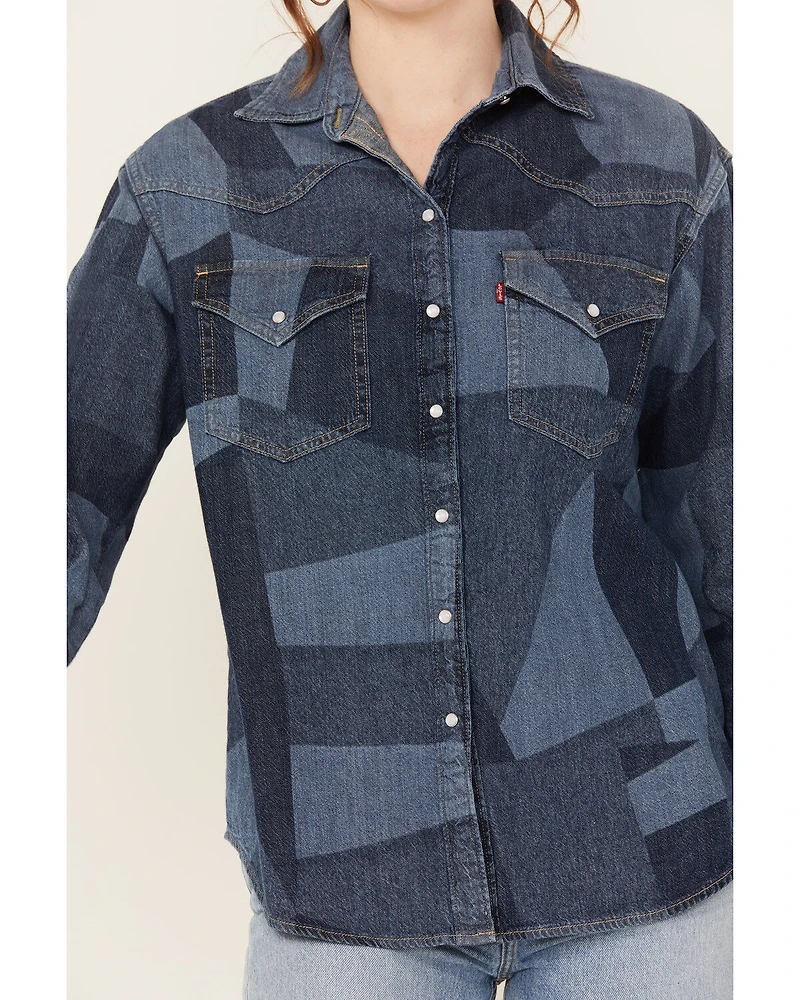 Levi's Women's Dylan Oversized Western Patchwork Print Long Sleeve Pearl Snap Shirt