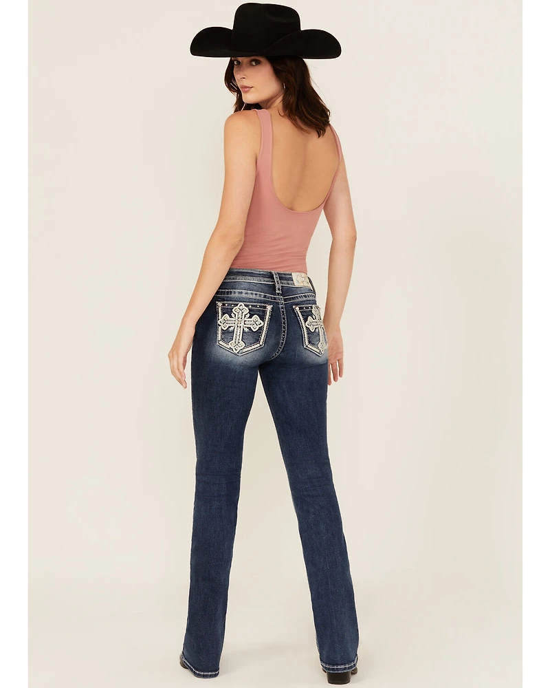 Miss Me Women's Dark Wash Mid Rise Cross Pocket 34" Bootcut Stretch Denim Jeans
