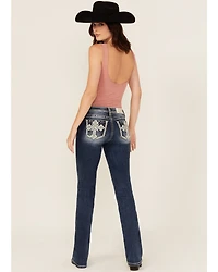 Miss Me Women's Dark Wash Mid Rise Cross Pocket 34" Bootcut Stretch Denim Jeans
