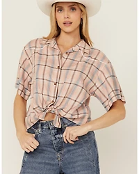 Cumberland Outfitters Women's Plaid Print Short Sleeve Button-Down Western Shirt