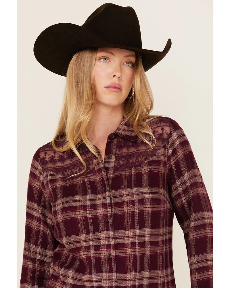 Shyanne Women's Lace Yoke Plaid Print Long Sleeve Button-Down Western Shirt