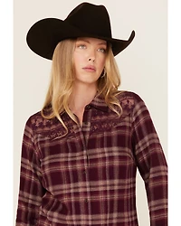Shyanne Women's Lace Yoke Plaid Print Long Sleeve Button-Down Western Shirt