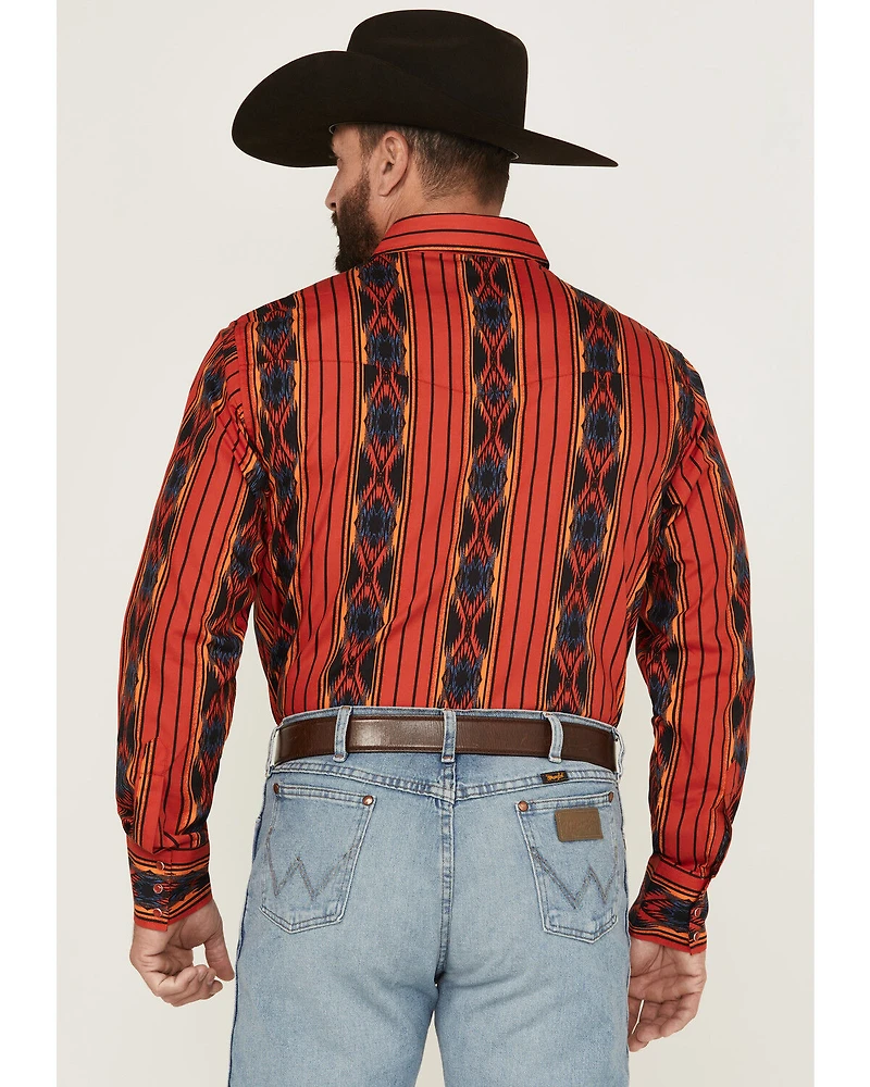 Wrangler Men's Checotah Southwestern Striped Print Long Sleeve Pearl Snap Western Shirt
