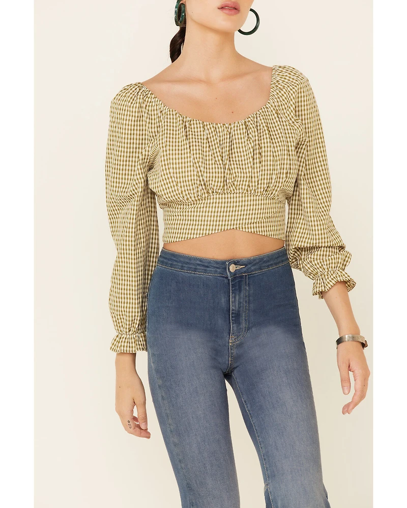 Beyond The Radar Women's Gingham Print Tie Back Crop Top