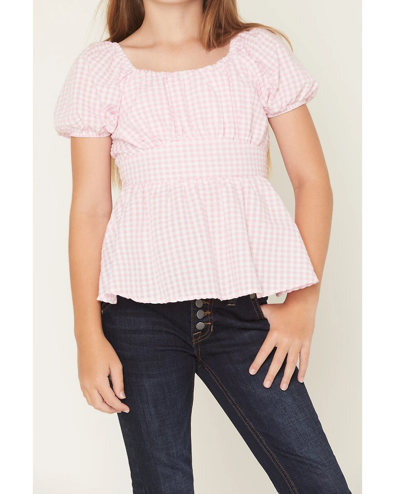 Originality Girls' Emma Gingham Short Puff Sleeve Ruffle Shirt