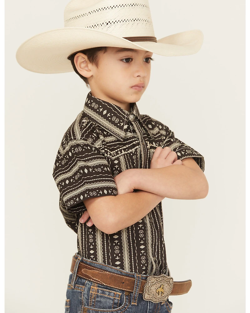 Cowboy Hardware Boys' Stripe Southwestern Print Short Sleeve Snap Stretch Western Shirt