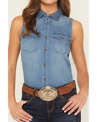 Shyanne Women's Medium Wash Sleeveless Button-Down Denim Shirt