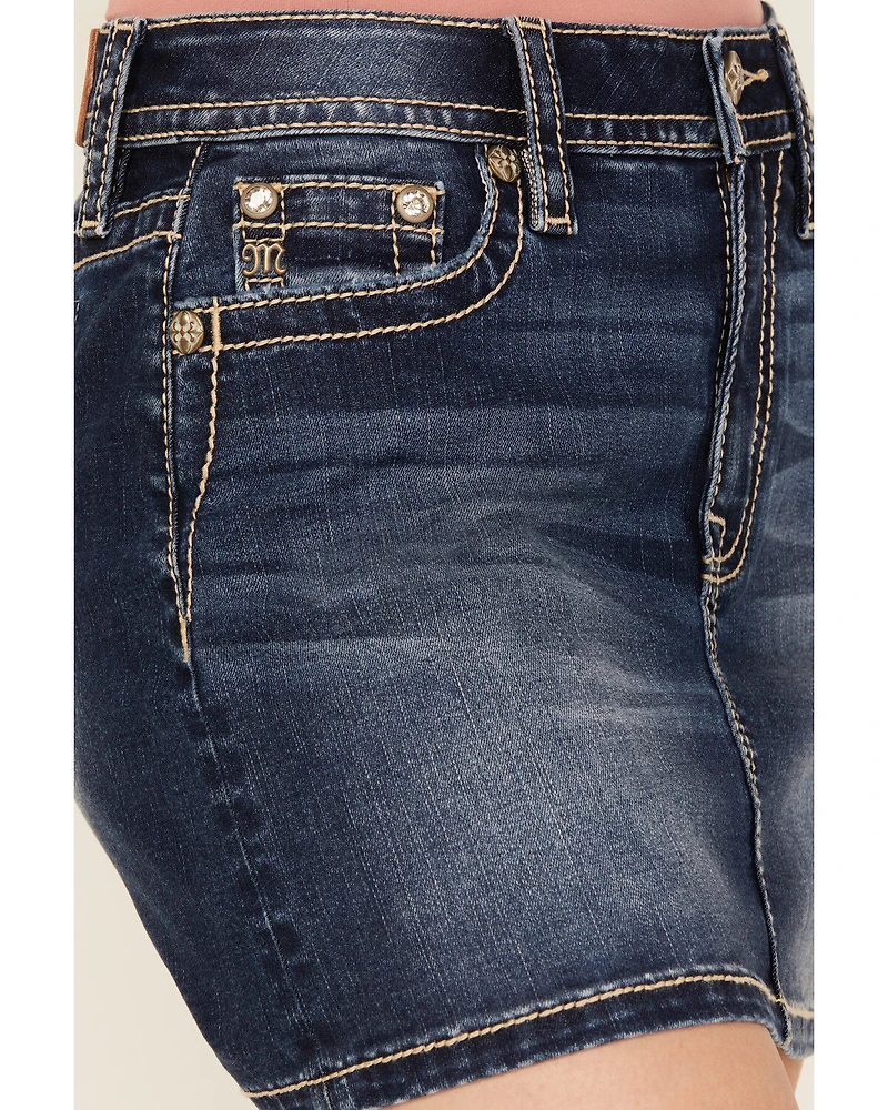 Miss Me Women's Dark Wash Embroidered Pocket Stretch Denim Mini Skirt