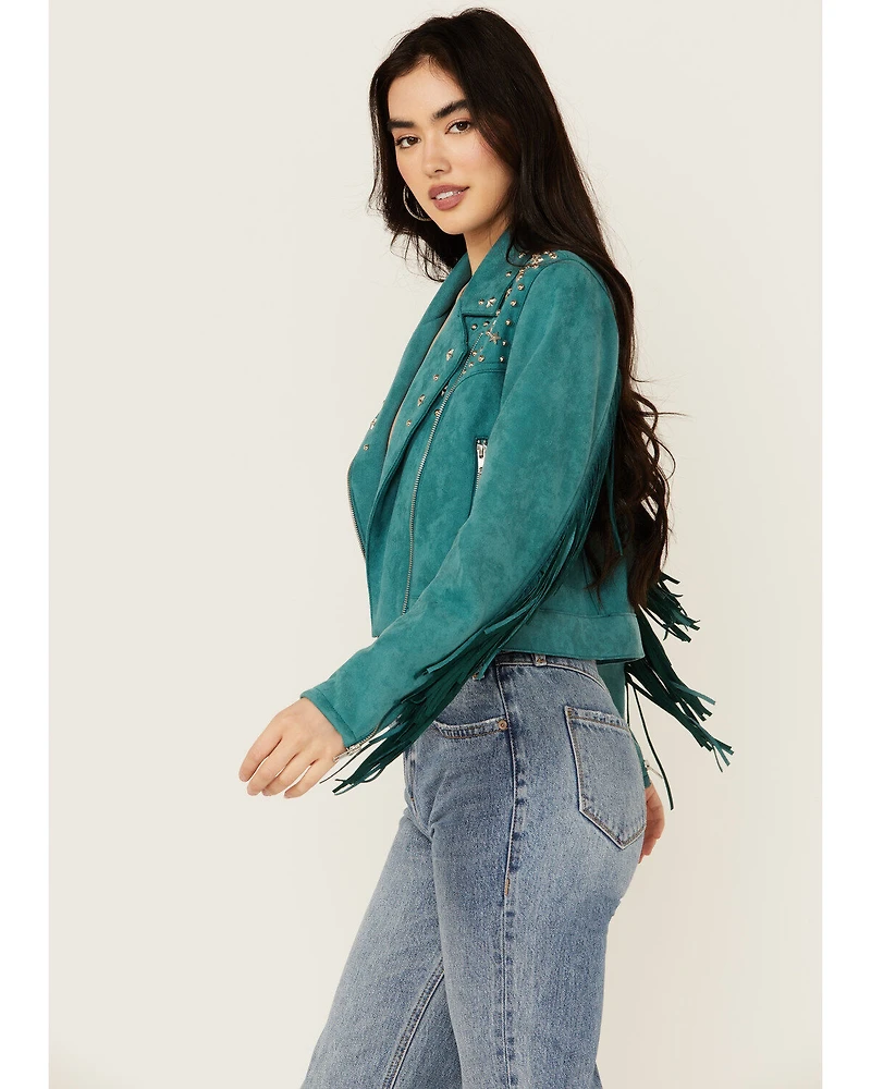 Rock & Roll Denim Women's Faux Suede Moto Fringe Jacket