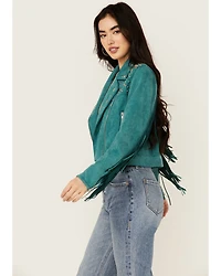 Rock & Roll Denim Women's Faux Suede Moto Fringe Jacket