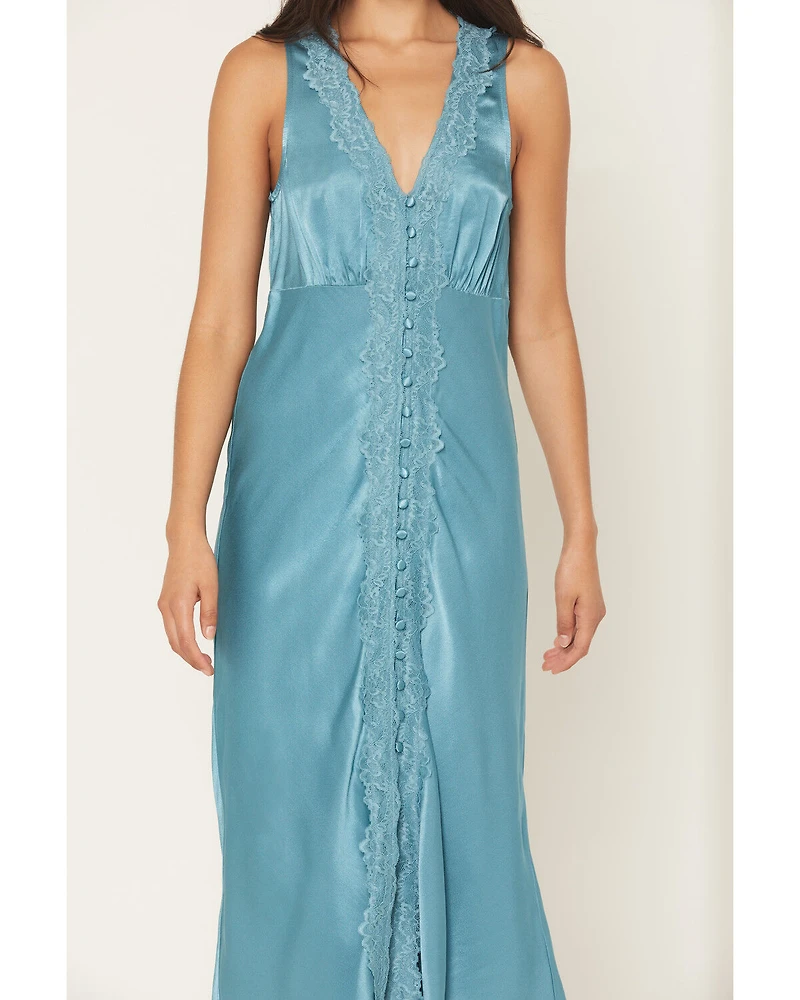 Shyanne Women's Satin Lace Trim Sleeveless Button-Down Midi Dress