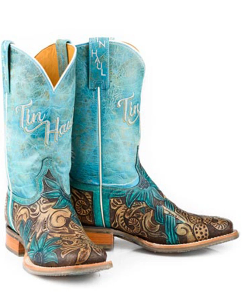 Tin Haul Women's Cactus Flower Western Boots - Broad Square Toe