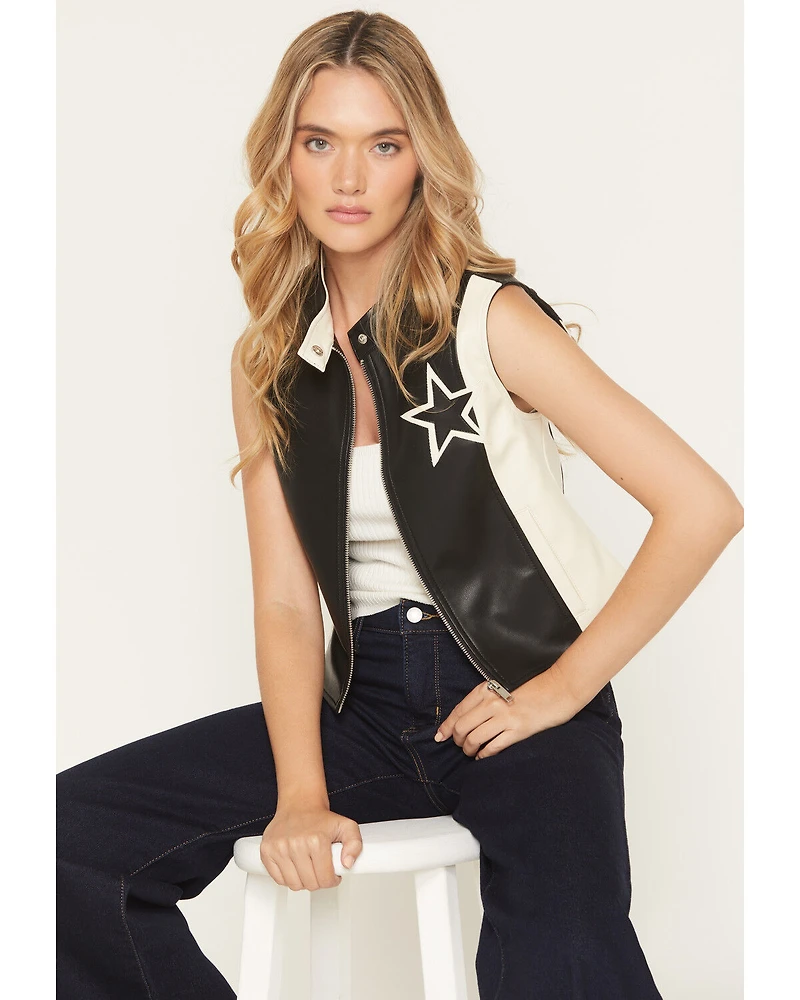 Stoosh Women's Star Faux Leather Zip-Up Vest