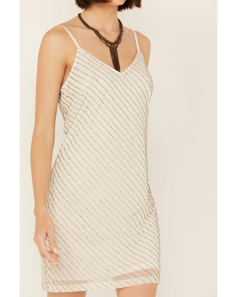 Wonderwest Women's Birch Cowl Neck Beaded Mesh Mini Dress