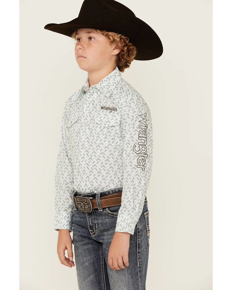Wrangler Boys' Geo Print Logo Long Sleeve Pearl Snap Western Shirt