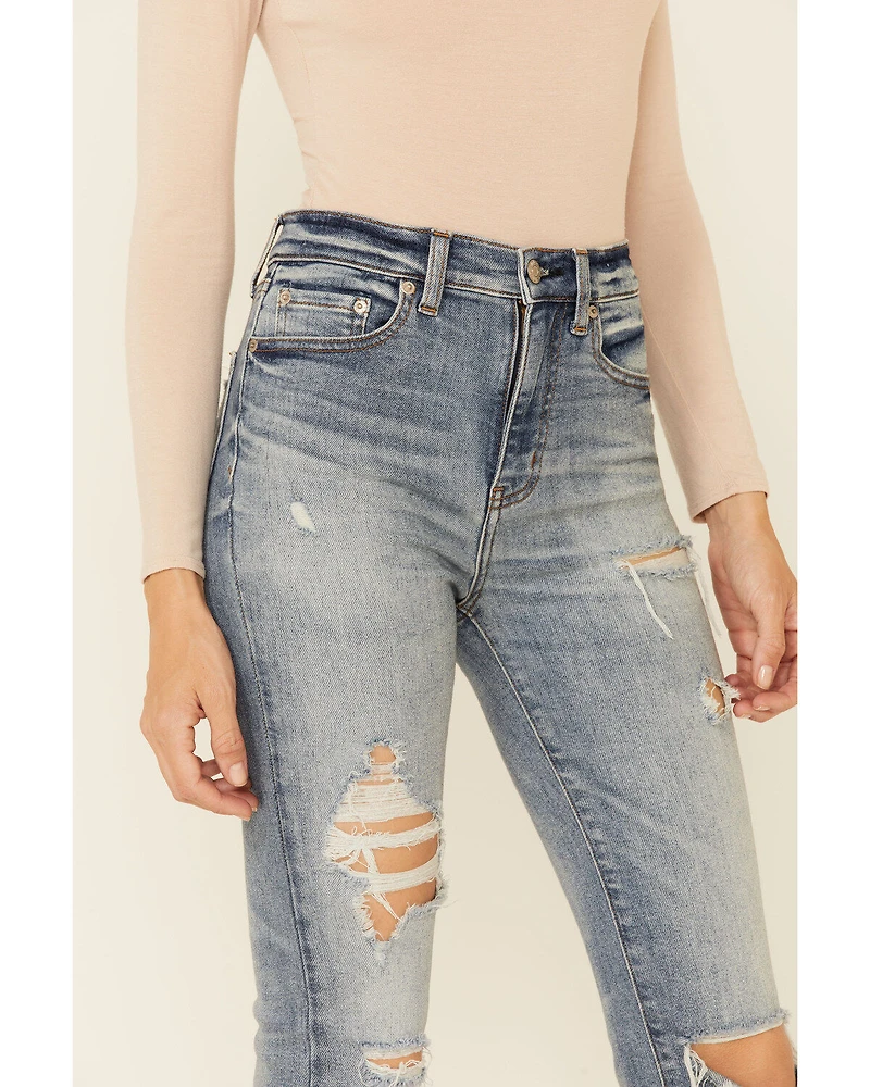 Daze Denim Women's Light Wash Distressed High Rise Straight Jeans