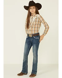 Roper Girls' Plaid Print Fancy Applique Yoke Long Sleeve Pearl Snap Western Shirt