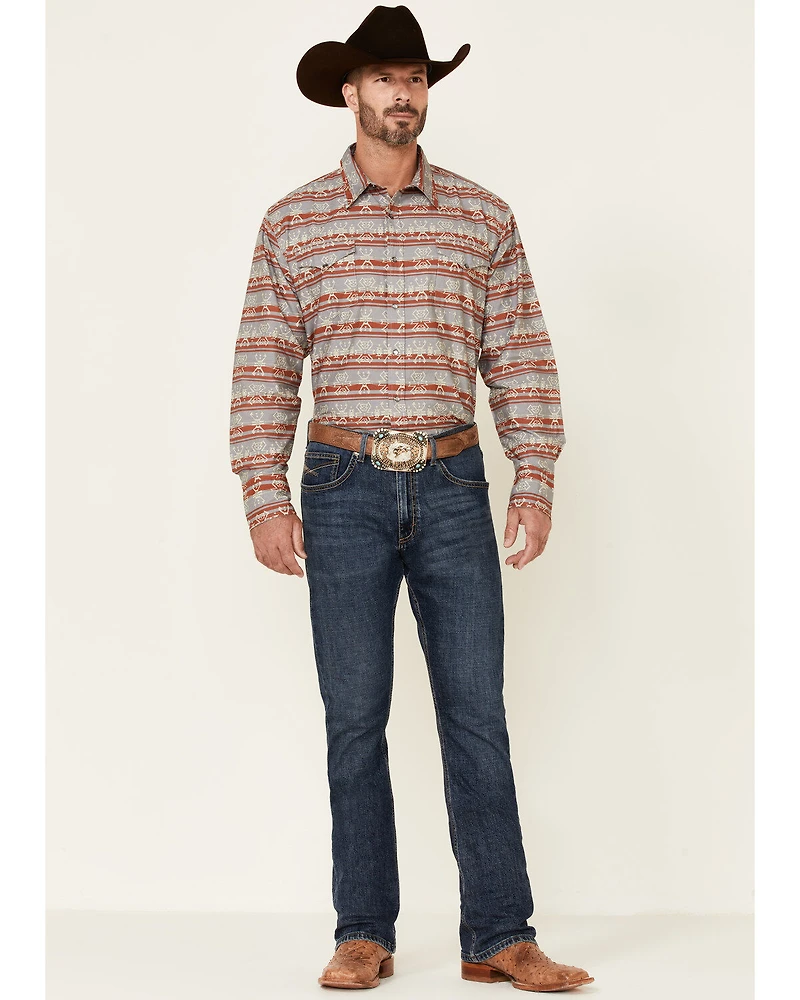 Roper Men's Gray Southwestern Blanket Stripe Long Sleeve Pearl Snap Western Shirt