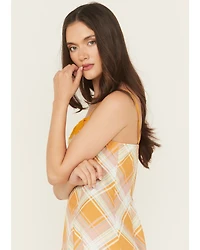 Beyond The Radar Women's Plaid Print Lace Trim Sleeveless Maxi Dress