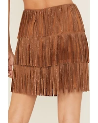 Fornia Women's Rhinestone Fringe Faux Suede Mini Skirt