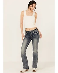 Grace LA Women's Light Wash Floral Horseshoe Pocket Mid Rise Bootcut Stretch Denim Jeans