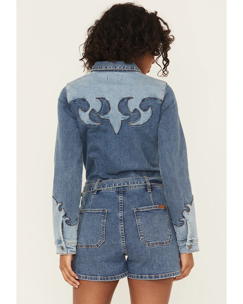 Rock & Roll Denim Women's Medium Wash Long Sleeve Snap Stretch Romper
