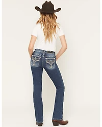 Miss Me Women's Dark Wash Mid Rise Embroidered Pocket 34" Bootcut Stretch Denim Jeans