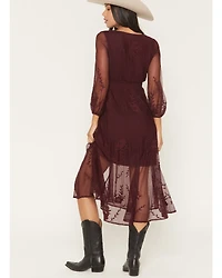 Shyanne Women's Hillside Floral Embroidered Long Sleeve Button-Down Mesh Midi Dress