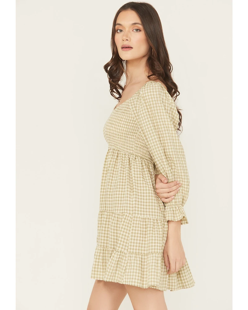 Blue B Women's Gingham Long Sleeve Mini Dress
