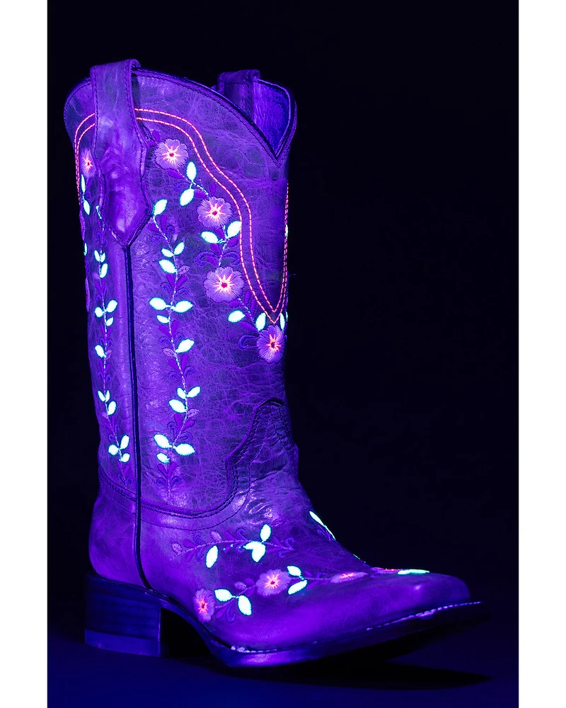 Corral Girls' Floral Embroidered Blacklight Western Boots - Square Toe