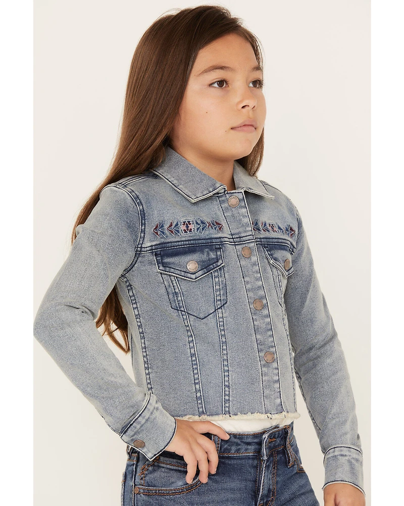 Shyanne Girls' Forks Light Wash Frayed Embroidered Denim Jacket