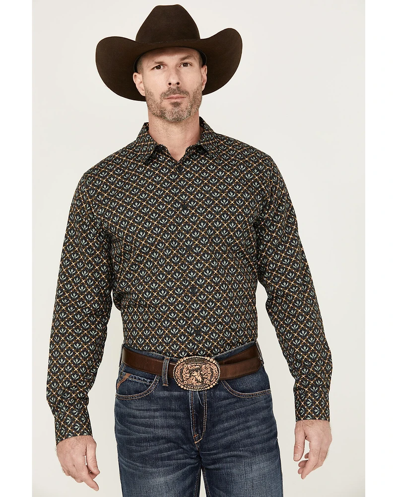 Gibson Men's Fleur de Lis Floral Print Long Sleeve Button-Down Western Shirt