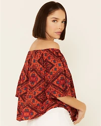 Shyanne Women's Chili Tile Print Tie Sleeve Off-Shoulder Top