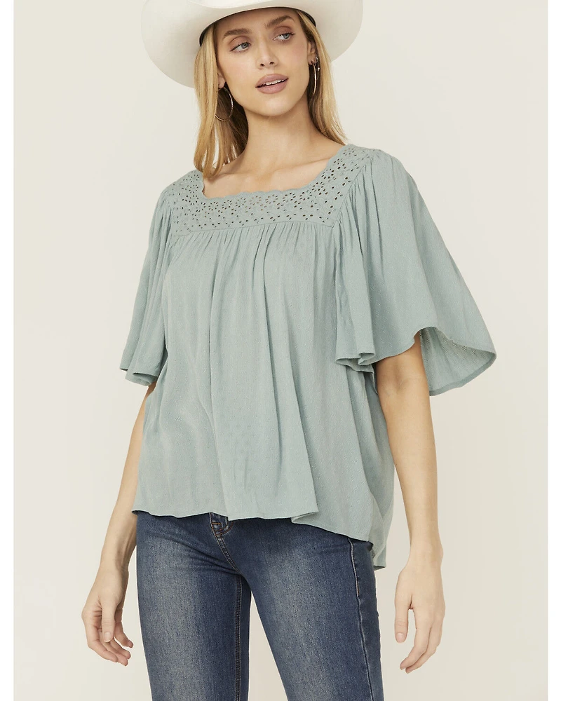 Band Of The Free Women's Solid Short Sleeve Ruffle Blouse