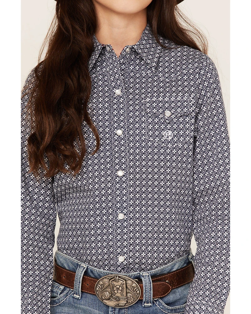 Roper Girls' Amarillo Floral Print Long Sleeve Western Pearl Snap Shirt