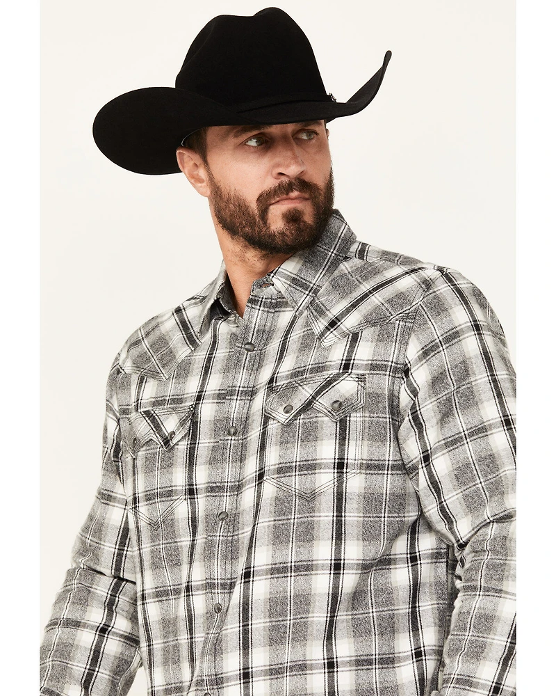 Moonshine Spirt Men's Gray Cloud Plaid Print Long Sleeve Snap Western Shirt
