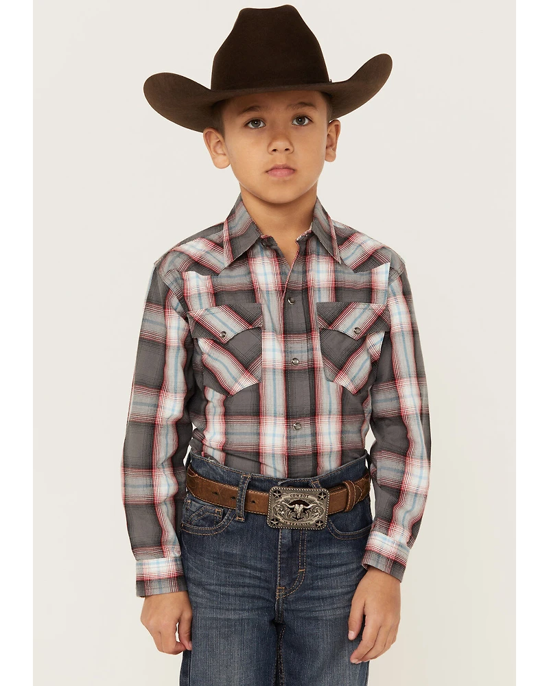 Roper Boys' Plaid Print Long Sleeve Western Pearl Snap Shirt
