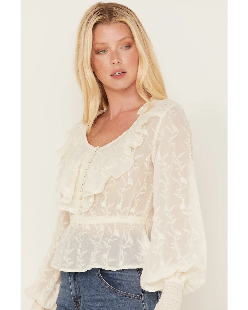Shyanne Women's Floral Embroidered Chiffon Ruffle Blouse