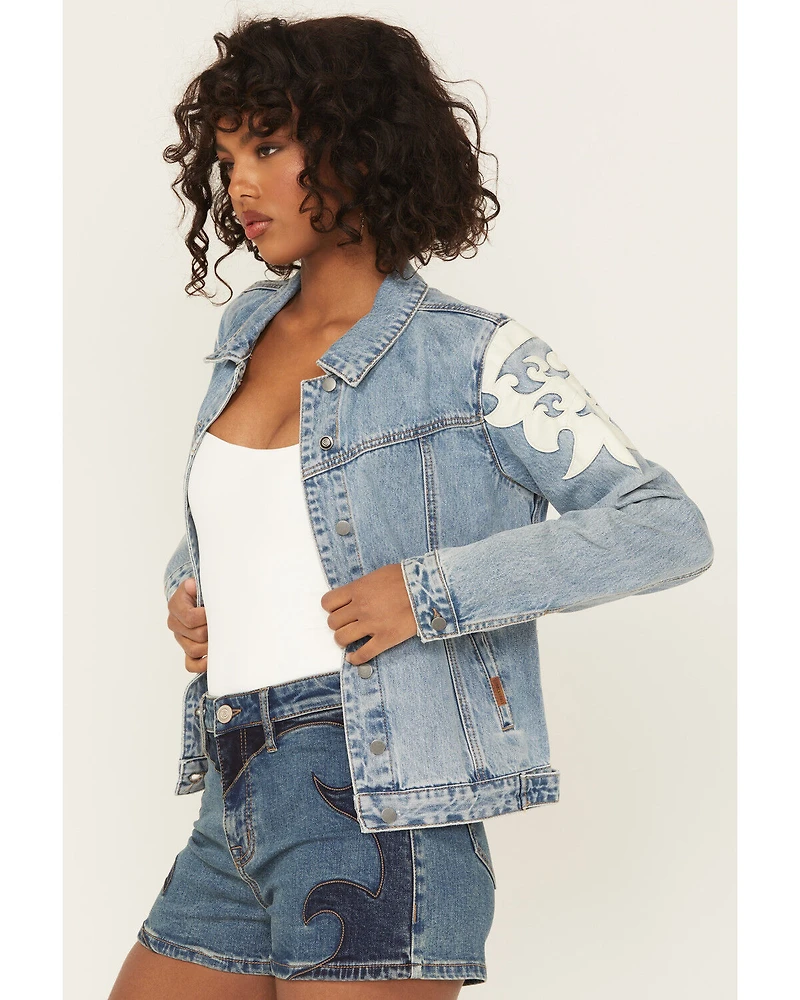 Rock & Roll Denim Women's Light Wash Pleather Fringe Jacket