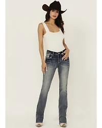Grace LA Women's Medium Wash Mid Rise Geo Pocket Bootcut Stretch Denim Jeans