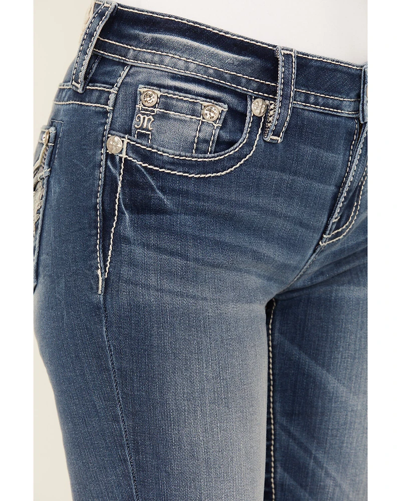 Miss Me Women's Medium Wash Mid Rise Wing Pocket 34" Bootcut Stretch Denim Jeans