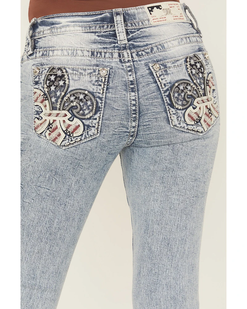 Miss Me Women's Medium Wash Mid Rise Americana Fleur de Lis 32" Bootcut Stretch Denim Jeans