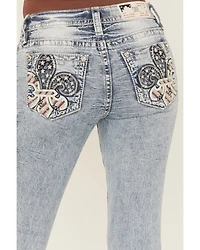 Miss Me Women's Medium Wash Mid Rise Americana Fleur de Lis 32" Bootcut Stretch Denim Jeans