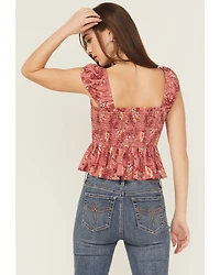 Rock & Roll Denim Women's Floral Print Sleeveless Smocked Top