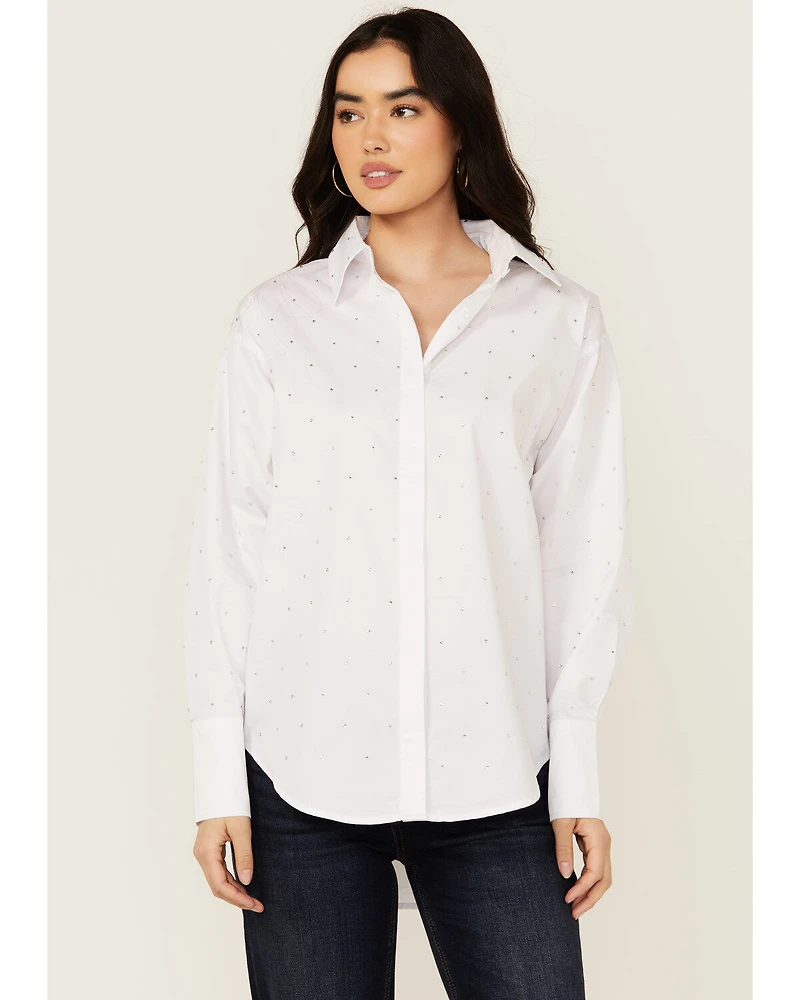 Blue B Women's Solid Rhinestone Long Sleeve Button-Down Shirt