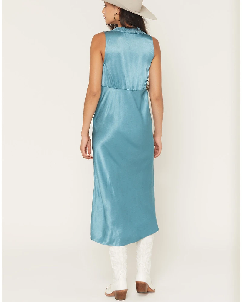 Shyanne Women's Satin Lace Trim Sleeveless Button-Down Midi Dress