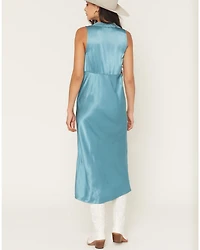 Shyanne Women's Satin Lace Trim Sleeveless Button-Down Midi Dress