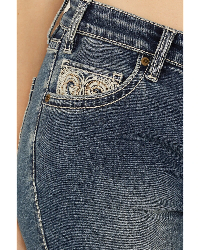 Rock & Roll Denim Women's Medium Wash Mid Rise Leather Embroidered Bootcut Stretch Jeans