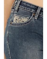 Rock & Roll Denim Women's Medium Wash Mid Rise Leather Embroidered Bootcut Stretch Jeans