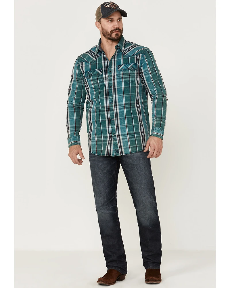 Moonshine Spirit Men's Marble Crackle Plaid Long Sleeve Snap Western Shirt